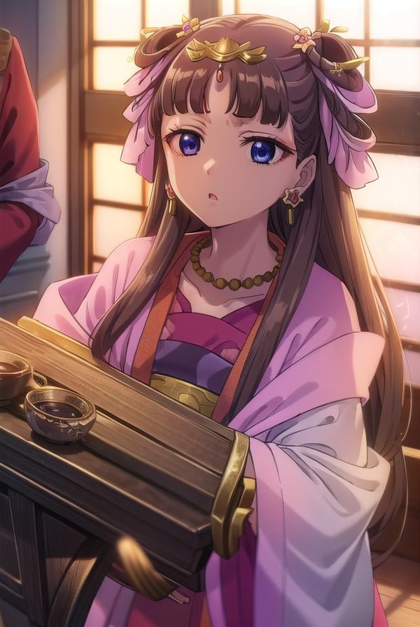 lishu, <lora:lishu s1-lora-nochekaiser:1>,lishu, long hair, brown hair, hair ornament, (purple eyes:1.1), tiara,BREAK jewelry, earrings, necklace, chinese clothes, hanfu,BREAK indoors,BREAK looking at viewer, (cowboy shot:1.5),BREAK <lyco:GoodHands-beta2:1>, (masterpiece:1.2), best quality, high resolution, unity 8k wallpaper, (illustration:0.8), (beautiful detailed eyes:1.6), extremely detailed face, perfect lighting, extremely detailed CG, (perfect hands, perfect anatomy),