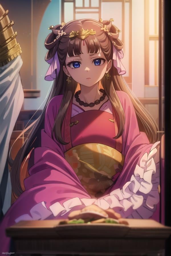 lishu, <lora:lishu s1-lora-nochekaiser:1>,lishu, long hair, brown hair, hair ornament, (purple eyes:1.1), tiara,BREAK jewelry, earrings, necklace, chinese clothes, hanfu,BREAK indoors,BREAK looking at viewer, (cowboy shot:1.5),BREAK <lyco:GoodHands-beta2:1>, (masterpiece:1.2), best quality, high resolution, unity 8k wallpaper, (illustration:0.8), (beautiful detailed eyes:1.6), extremely detailed face, perfect lighting, extremely detailed CG, (perfect hands, perfect anatomy),