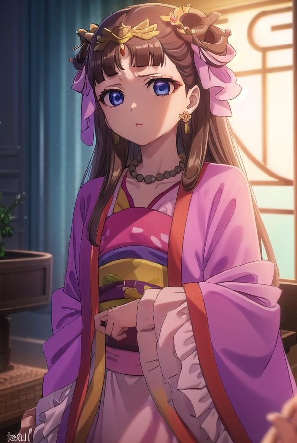 lishu, <lora:lishu s1-lora-nochekaiser:1>,lishu, long hair, brown hair, hair ornament, (purple eyes:1.1), tiara,BREAK jewelry, earrings, necklace, chinese clothes, hanfu,BREAK indoors,BREAK looking at viewer, (cowboy shot:1.5),BREAK <lyco:GoodHands-beta2:1>, (masterpiece:1.2), best quality, high resolution, unity 8k wallpaper, (illustration:0.8), (beautiful detailed eyes:1.6), extremely detailed face, perfect lighting, extremely detailed CG, (perfect hands, perfect anatomy),