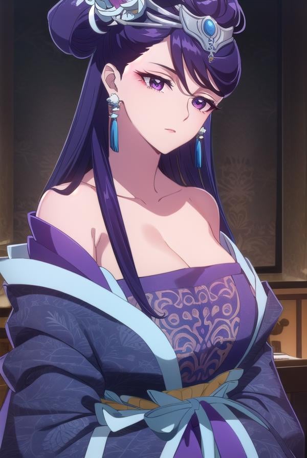 lihua, <lora:lihua s1-lora-nochekaiser:1>,lihua, long hair, (purple eyes:1.1), purple hair, flower, earrings, hair flower, makeup, lipstick,BREAK cleavage, jewelry, chinese clothes, hanfu,BREAK indoors,BREAK looking at viewer, (cowboy shot:1.5),BREAK <lyco:GoodHands-beta2:1>, (masterpiece:1.2), best quality, high resolution, unity 8k wallpaper, (illustration:0.8), (beautiful detailed eyes:1.6), extremely detailed face, perfect lighting, extremely detailed CG, (perfect hands, perfect anatomy),