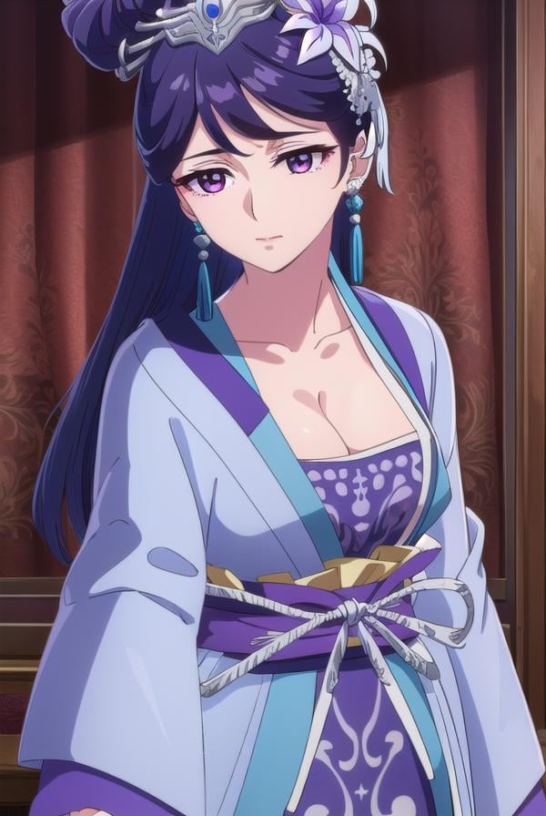 lihua, <lora:lihua s1-lora-nochekaiser:1>,lihua, long hair, (purple eyes:1.1), purple hair, flower, earrings, hair flower, makeup, lipstick,BREAK cleavage, jewelry, chinese clothes, hanfu,BREAK indoors,BREAK looking at viewer, (cowboy shot:1.5),BREAK <lyco:GoodHands-beta2:1>, (masterpiece:1.2), best quality, high resolution, unity 8k wallpaper, (illustration:0.8), (beautiful detailed eyes:1.6), extremely detailed face, perfect lighting, extremely detailed CG, (perfect hands, perfect anatomy),