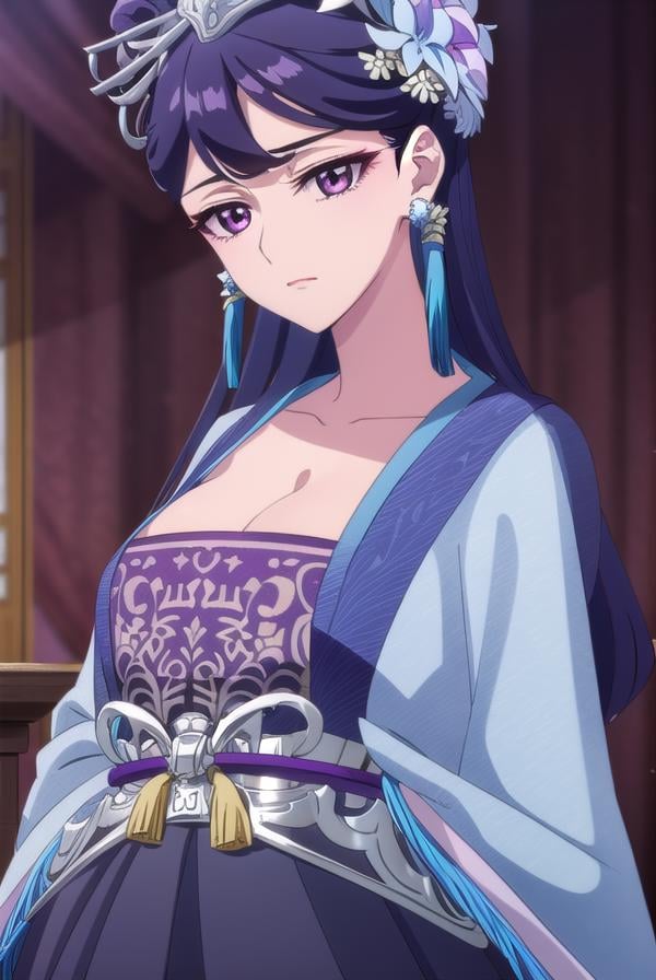 lihua, <lora:lihua s1-lora-nochekaiser:1>,lihua, long hair, (purple eyes:1.1), purple hair, flower, earrings, hair flower, makeup, lipstick,BREAK cleavage, jewelry, chinese clothes, hanfu,BREAK indoors,BREAK looking at viewer, (cowboy shot:1.5),BREAK <lyco:GoodHands-beta2:1>, (masterpiece:1.2), best quality, high resolution, unity 8k wallpaper, (illustration:0.8), (beautiful detailed eyes:1.6), extremely detailed face, perfect lighting, extremely detailed CG, (perfect hands, perfect anatomy),