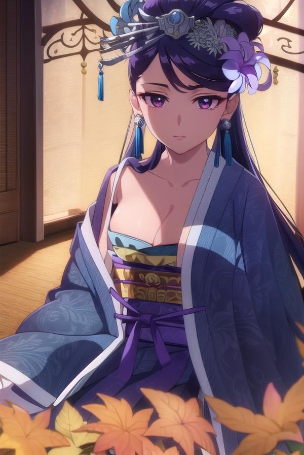 lihua, <lora:lihua s1-lora-nochekaiser:1>,lihua, long hair, (purple eyes:1.1), purple hair, flower, earrings, hair flower, makeup, lipstick,BREAK cleavage, jewelry, chinese clothes, hanfu,BREAK indoors,BREAK looking at viewer, (cowboy shot:1.5),BREAK <lyco:GoodHands-beta2:1>, (masterpiece:1.2), best quality, high resolution, unity 8k wallpaper, (illustration:0.8), (beautiful detailed eyes:1.6), extremely detailed face, perfect lighting, extremely detailed CG, (perfect hands, perfect anatomy),