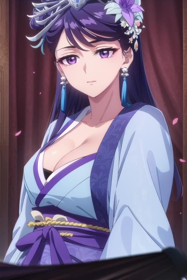 lihua, <lora:lihua s1-lora-nochekaiser:1>,lihua, long hair, (purple eyes:1.1), purple hair, flower, earrings, hair flower, makeup, lipstick,BREAK cleavage, jewelry, chinese clothes, hanfu,BREAK indoors,BREAK looking at viewer, (cowboy shot:1.5),BREAK <lyco:GoodHands-beta2:1>, (masterpiece:1.2), best quality, high resolution, unity 8k wallpaper, (illustration:0.8), (beautiful detailed eyes:1.6), extremely detailed face, perfect lighting, extremely detailed CG, (perfect hands, perfect anatomy),