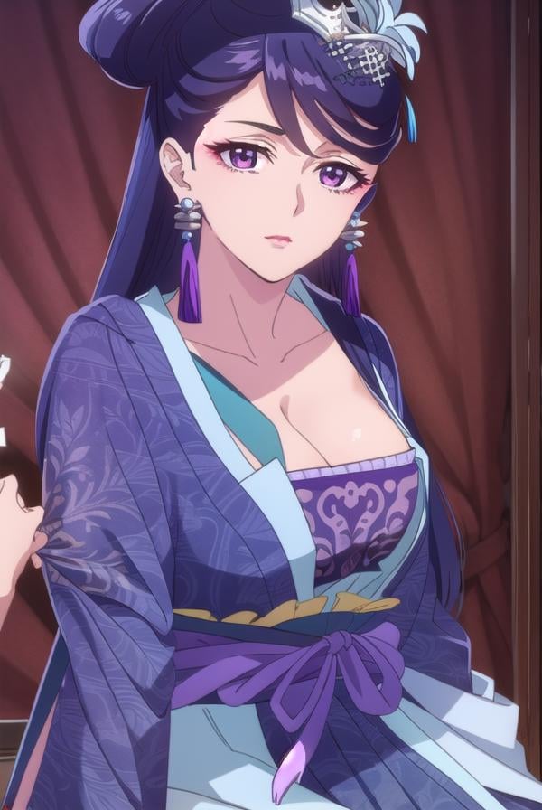 lihua, <lora:lihua s1-lora-nochekaiser:1>,lihua, long hair, (purple eyes:1.1), purple hair, flower, earrings, hair flower, makeup, lipstick,BREAK cleavage, jewelry, chinese clothes, hanfu,BREAK indoors,BREAK looking at viewer, (cowboy shot:1.5),BREAK <lyco:GoodHands-beta2:1>, (masterpiece:1.2), best quality, high resolution, unity 8k wallpaper, (illustration:0.8), (beautiful detailed eyes:1.6), extremely detailed face, perfect lighting, extremely detailed CG, (perfect hands, perfect anatomy),