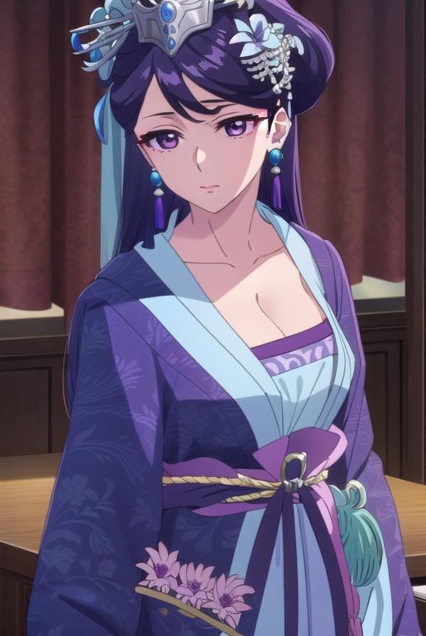 lihua, <lora:lihua s1-lora-nochekaiser:1>,lihua, long hair, (purple eyes:1.1), purple hair, flower, earrings, hair flower, makeup, lipstick,BREAK cleavage, jewelry, chinese clothes, hanfu,BREAK indoors,BREAK looking at viewer, (cowboy shot:1.5),BREAK <lyco:GoodHands-beta2:1>, (masterpiece:1.2), best quality, high resolution, unity 8k wallpaper, (illustration:0.8), (beautiful detailed eyes:1.6), extremely detailed face, perfect lighting, extremely detailed CG, (perfect hands, perfect anatomy),