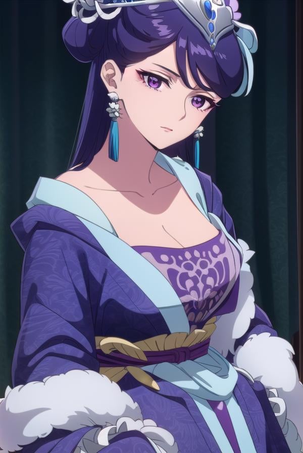 lihua, <lora:lihua s1-lora-nochekaiser:1>,lihua, long hair, (purple eyes:1.1), purple hair, flower, earrings, hair flower, makeup, lipstick,BREAK cleavage, jewelry, chinese clothes, hanfu,BREAK indoors,BREAK looking at viewer, (cowboy shot:1.5),BREAK <lyco:GoodHands-beta2:1>, (masterpiece:1.2), best quality, high resolution, unity 8k wallpaper, (illustration:0.8), (beautiful detailed eyes:1.6), extremely detailed face, perfect lighting, extremely detailed CG, (perfect hands, perfect anatomy),