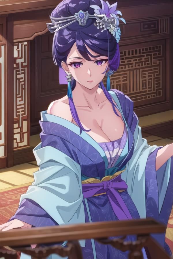 lihua, <lora:lihua s1-lora-nochekaiser:1>,lihua, long hair, (purple eyes:1.1), purple hair, flower, earrings, hair flower, makeup, lipstick,BREAK cleavage, jewelry, chinese clothes, hanfu,BREAK indoors,BREAK looking at viewer, (cowboy shot:1.5),BREAK <lyco:GoodHands-beta2:1>, (masterpiece:1.2), best quality, high resolution, unity 8k wallpaper, (illustration:0.8), (beautiful detailed eyes:1.6), extremely detailed face, perfect lighting, extremely detailed CG, (perfect hands, perfect anatomy),