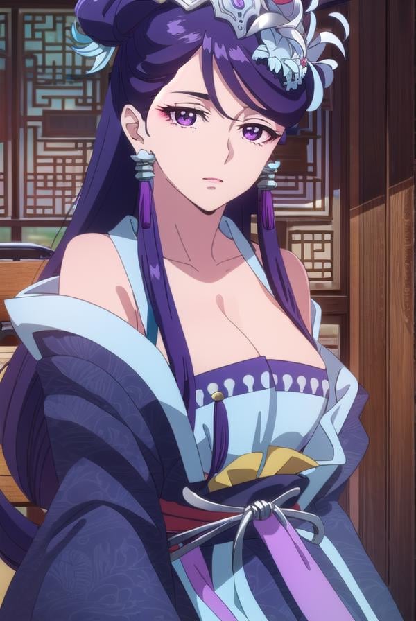 lihua, <lora:lihua s1-lora-nochekaiser:1>,lihua, long hair, (purple eyes:1.1), purple hair, flower, earrings, hair flower, makeup, lipstick,BREAK cleavage, jewelry, chinese clothes, hanfu,BREAK indoors,BREAK looking at viewer, (cowboy shot:1.5),BREAK <lyco:GoodHands-beta2:1>, (masterpiece:1.2), best quality, high resolution, unity 8k wallpaper, (illustration:0.8), (beautiful detailed eyes:1.6), extremely detailed face, perfect lighting, extremely detailed CG, (perfect hands, perfect anatomy),