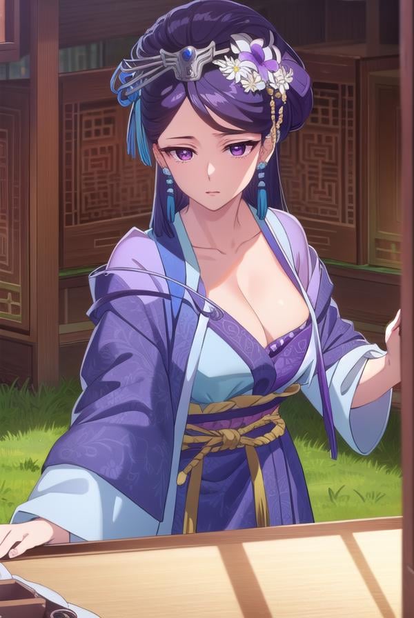 lihua, <lora:lihua s1-lora-nochekaiser:1>,lihua, long hair, (purple eyes:1.1), purple hair, flower, earrings, hair flower, makeup, lipstick,BREAK cleavage, jewelry, chinese clothes, hanfu,BREAK indoors,BREAK looking at viewer, (cowboy shot:1.5),BREAK <lyco:GoodHands-beta2:1>, (masterpiece:1.2), best quality, high resolution, unity 8k wallpaper, (illustration:0.8), (beautiful detailed eyes:1.6), extremely detailed face, perfect lighting, extremely detailed CG, (perfect hands, perfect anatomy),