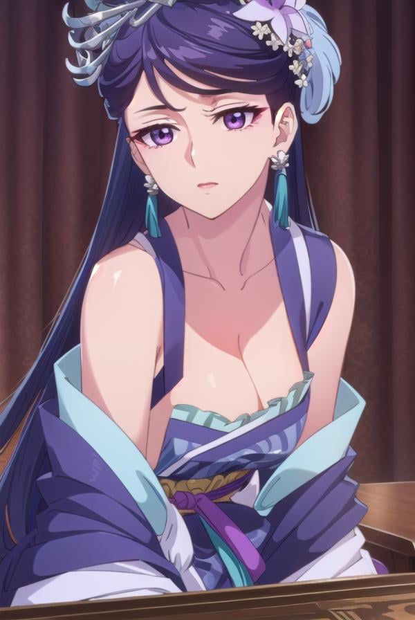 lihua, <lora:lihua s1-lora-nochekaiser:1>,lihua, long hair, (purple eyes:1.1), purple hair, flower, earrings, hair flower, makeup, lipstick,BREAK cleavage, jewelry, chinese clothes, hanfu,BREAK indoors,BREAK looking at viewer, (cowboy shot:1.5),BREAK <lyco:GoodHands-beta2:1>, (masterpiece:1.2), best quality, high resolution, unity 8k wallpaper, (illustration:0.8), (beautiful detailed eyes:1.6), extremely detailed face, perfect lighting, extremely detailed CG, (perfect hands, perfect anatomy),