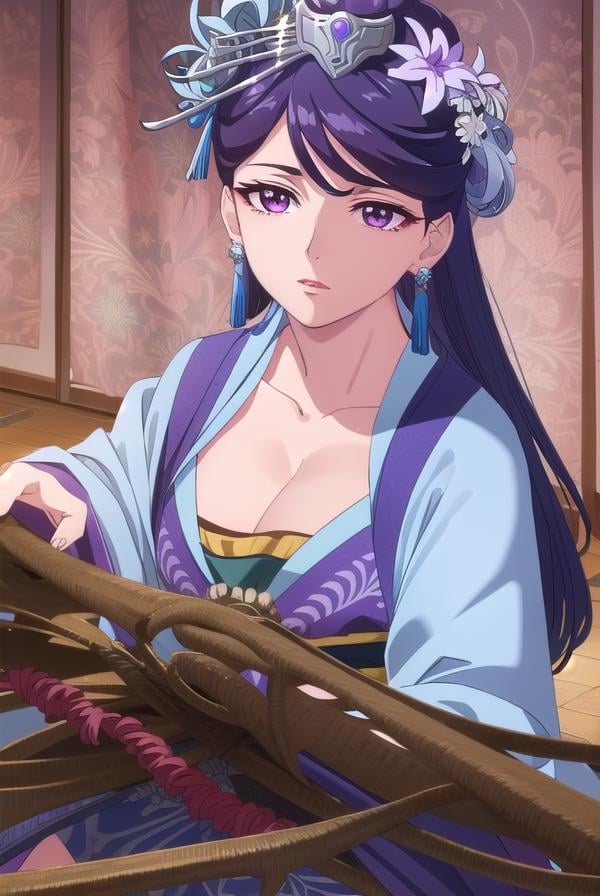 lihua, <lora:lihua s1-lora-nochekaiser:1>,lihua, long hair, (purple eyes:1.1), purple hair, flower, earrings, hair flower, makeup, lipstick,BREAK cleavage, jewelry, chinese clothes, hanfu,BREAK indoors,BREAK looking at viewer, (cowboy shot:1.5),BREAK <lyco:GoodHands-beta2:1>, (masterpiece:1.2), best quality, high resolution, unity 8k wallpaper, (illustration:0.8), (beautiful detailed eyes:1.6), extremely detailed face, perfect lighting, extremely detailed CG, (perfect hands, perfect anatomy),