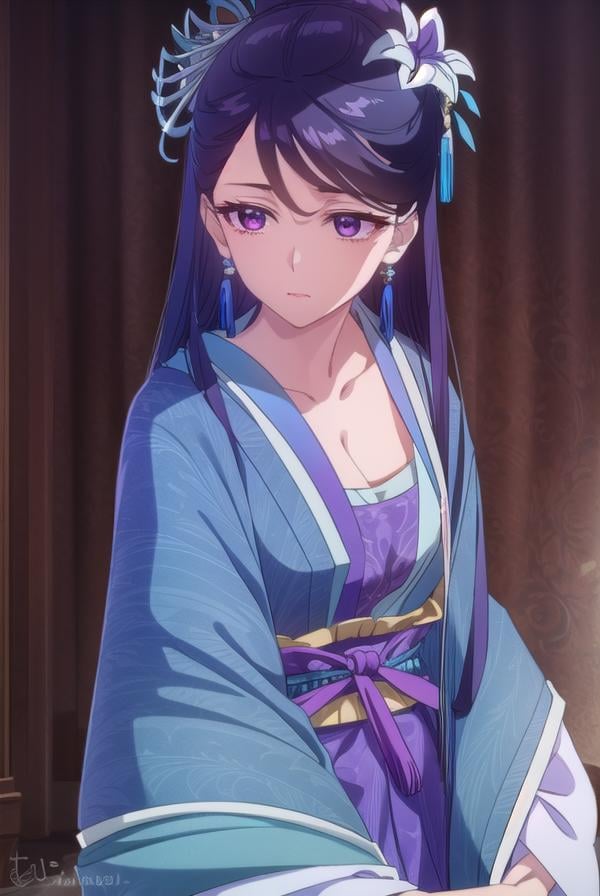 lihua, <lora:lihua s1-lora-nochekaiser:1>,lihua, long hair, (purple eyes:1.1), purple hair, flower, earrings, hair flower, makeup, lipstick,BREAK cleavage, jewelry, chinese clothes, hanfu,BREAK indoors,BREAK looking at viewer, (cowboy shot:1.5),BREAK <lyco:GoodHands-beta2:1>, (masterpiece:1.2), best quality, high resolution, unity 8k wallpaper, (illustration:0.8), (beautiful detailed eyes:1.6), extremely detailed face, perfect lighting, extremely detailed CG, (perfect hands, perfect anatomy),