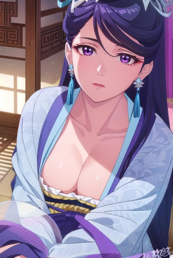 lihua, <lora:lihua s1-lora-nochekaiser:1>,lihua, long hair, (purple eyes:1.1), purple hair, flower, earrings, hair flower, makeup, lipstick,BREAK cleavage, jewelry, chinese clothes, hanfu,BREAK indoors,BREAK looking at viewer, (cowboy shot:1.5),BREAK <lyco:GoodHands-beta2:1>, (masterpiece:1.2), best quality, high resolution, unity 8k wallpaper, (illustration:0.8), (beautiful detailed eyes:1.6), extremely detailed face, perfect lighting, extremely detailed CG, (perfect hands, perfect anatomy),