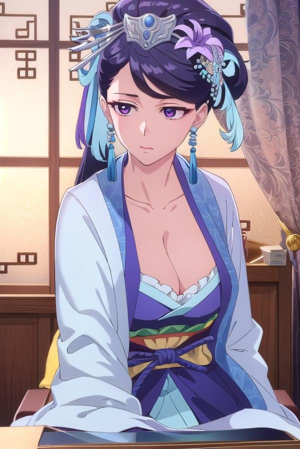 lihua, <lora:lihua s1-lora-nochekaiser:1>,lihua, long hair, (purple eyes:1.1), purple hair, flower, earrings, hair flower, makeup, lipstick,BREAK cleavage, jewelry, chinese clothes, hanfu,BREAK indoors,BREAK looking at viewer, (cowboy shot:1.5),BREAK <lyco:GoodHands-beta2:1>, (masterpiece:1.2), best quality, high resolution, unity 8k wallpaper, (illustration:0.8), (beautiful detailed eyes:1.6), extremely detailed face, perfect lighting, extremely detailed CG, (perfect hands, perfect anatomy),