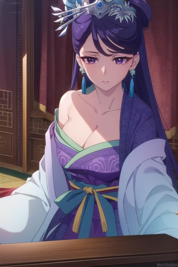 lihua, <lora:lihua s1-lora-nochekaiser:1>,lihua, long hair, (purple eyes:1.1), purple hair, flower, earrings, hair flower, makeup, lipstick,BREAK cleavage, jewelry, chinese clothes, hanfu,BREAK indoors,BREAK looking at viewer, (cowboy shot:1.5),BREAK <lyco:GoodHands-beta2:1>, (masterpiece:1.2), best quality, high resolution, unity 8k wallpaper, (illustration:0.8), (beautiful detailed eyes:1.6), extremely detailed face, perfect lighting, extremely detailed CG, (perfect hands, perfect anatomy),