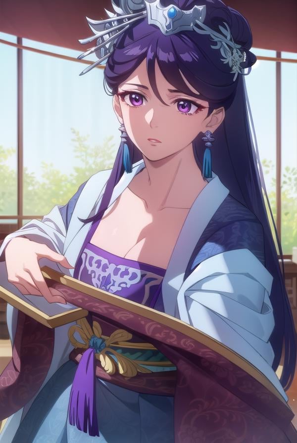 lihua, <lora:lihua s1-lora-nochekaiser:1>,lihua, long hair, (purple eyes:1.1), purple hair, flower, earrings, hair flower, makeup, lipstick,BREAK cleavage, jewelry, chinese clothes, hanfu,BREAK indoors,BREAK looking at viewer, (cowboy shot:1.5),BREAK <lyco:GoodHands-beta2:1>, (masterpiece:1.2), best quality, high resolution, unity 8k wallpaper, (illustration:0.8), (beautiful detailed eyes:1.6), extremely detailed face, perfect lighting, extremely detailed CG, (perfect hands, perfect anatomy),