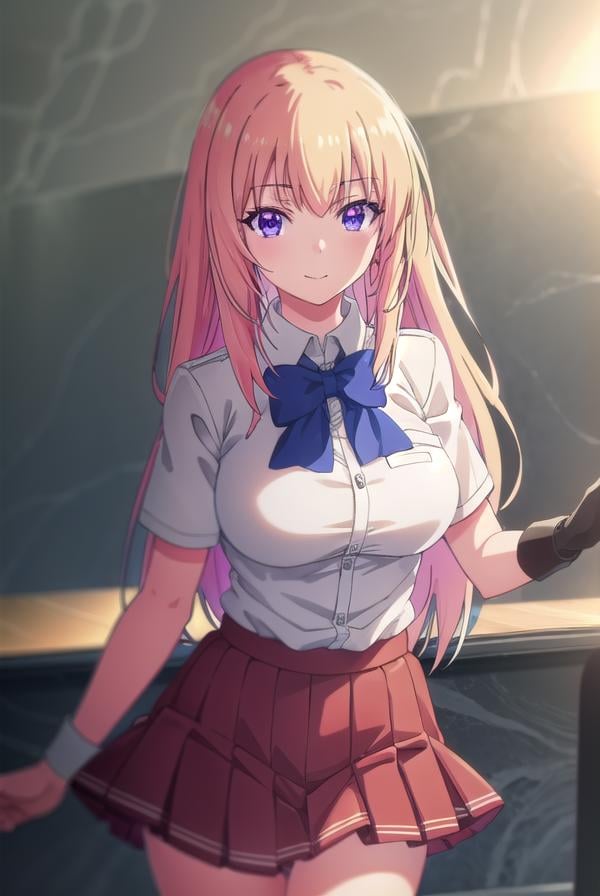 honamiichinose, <lora:honami ichinose s2-lora-nochekaiser:1>,honami ichinose, long hair, blonde hair, (purple eyes:1.1), hair between eyes, smile,BREAK skirt, bow, school uniform, pleated skirt, bowtie, blue bow, red skirt, collared shirt, white shirt, short sleeves,BREAK indoors, classroom,BREAK looking at viewer, (cowboy shot:1.5),BREAK <lyco:GoodHands-beta2:1>, (masterpiece:1.2), best quality, high resolution, unity 8k wallpaper, (illustration:0.8), (beautiful detailed eyes:1.6), extremely detailed face, perfect lighting, extremely detailed CG, (perfect hands, perfect anatomy),