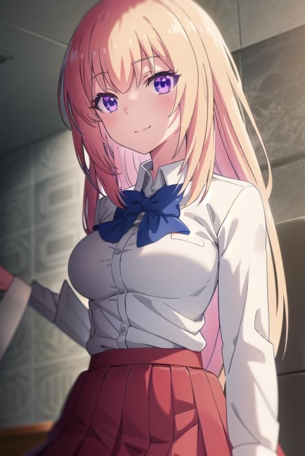 honamiichinose, <lora:honami ichinose s2-lora-nochekaiser:1>,honami ichinose, long hair, blonde hair, (purple eyes:1.1), hair between eyes, smile,BREAK skirt, bow, school uniform, pleated skirt, bowtie, blue bow, red skirt, collared shirt, white shirt, short sleeves,BREAK indoors, classroom,BREAK looking at viewer, (cowboy shot:1.5),BREAK <lyco:GoodHands-beta2:1>, (masterpiece:1.2), best quality, high resolution, unity 8k wallpaper, (illustration:0.8), (beautiful detailed eyes:1.6), extremely detailed face, perfect lighting, extremely detailed CG, (perfect hands, perfect anatomy),