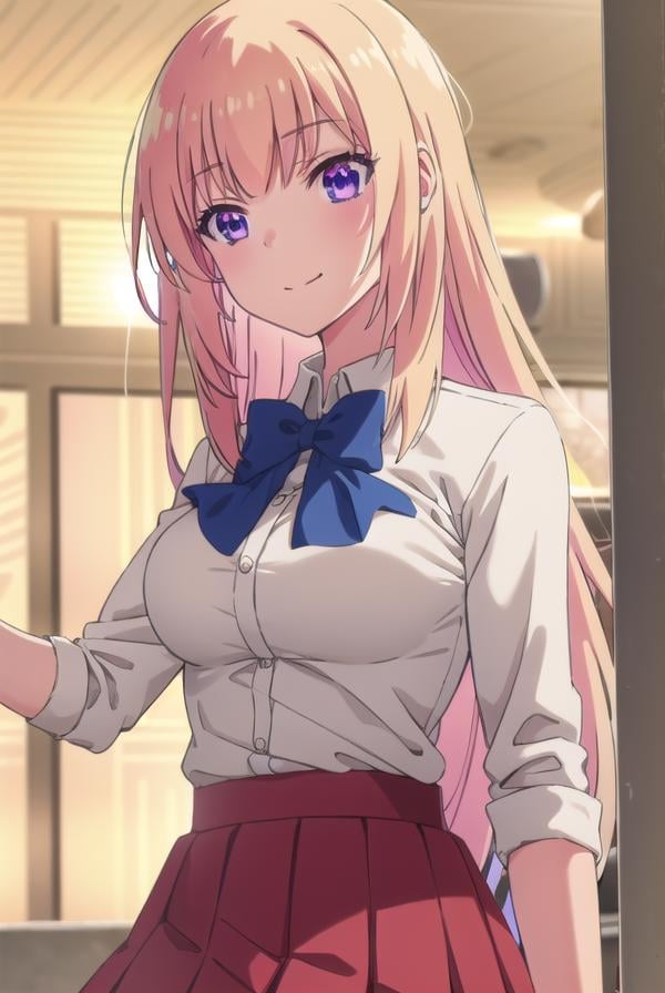 honamiichinose, <lora:honami ichinose s2-lora-nochekaiser:1>,honami ichinose, long hair, blonde hair, (purple eyes:1.1), hair between eyes, smile,BREAK skirt, bow, school uniform, pleated skirt, bowtie, blue bow, red skirt, collared shirt, white shirt, short sleeves,BREAK indoors, classroom,BREAK looking at viewer, (cowboy shot:1.5),BREAK <lyco:GoodHands-beta2:1>, (masterpiece:1.2), best quality, high resolution, unity 8k wallpaper, (illustration:0.8), (beautiful detailed eyes:1.6), extremely detailed face, perfect lighting, extremely detailed CG, (perfect hands, perfect anatomy),