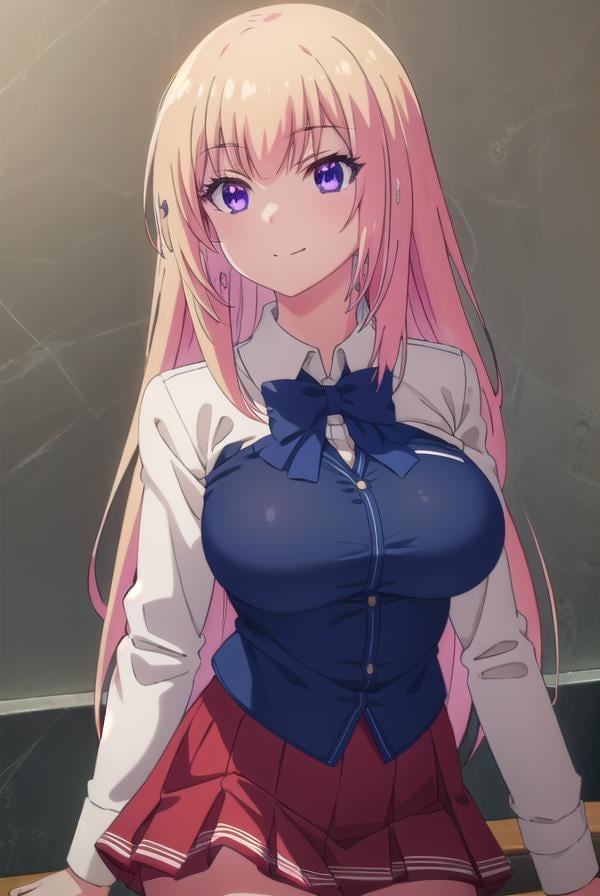 honamiichinose, <lora:honami ichinose s2-lora-nochekaiser:1>,honami ichinose, long hair, blonde hair, (purple eyes:1.1), hair between eyes, smile,BREAK skirt, bow, school uniform, pleated skirt, bowtie, blue bow, red skirt, collared shirt, white shirt, short sleeves,BREAK indoors, classroom,BREAK looking at viewer, (cowboy shot:1.5),BREAK <lyco:GoodHands-beta2:1>, (masterpiece:1.2), best quality, high resolution, unity 8k wallpaper, (illustration:0.8), (beautiful detailed eyes:1.6), extremely detailed face, perfect lighting, extremely detailed CG, (perfect hands, perfect anatomy),