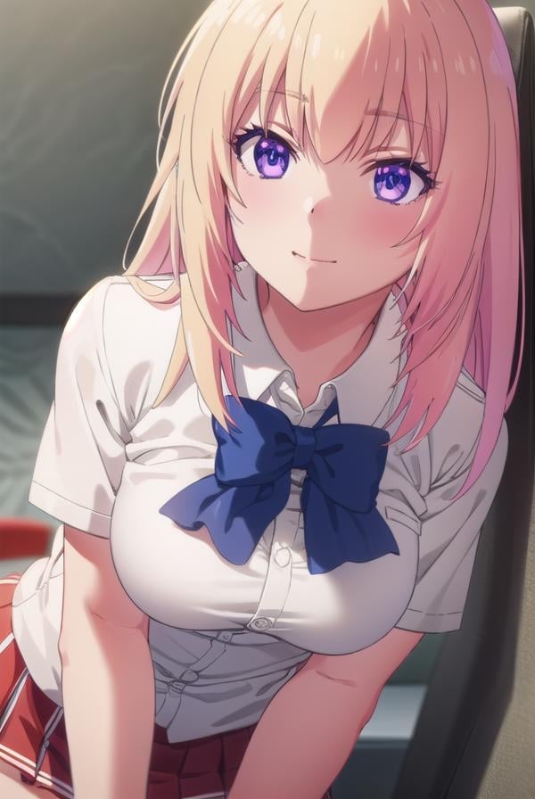 honamiichinose, <lora:honami ichinose s2-lora-nochekaiser:1>,honami ichinose, long hair, blonde hair, (purple eyes:1.1), hair between eyes, smile,BREAK skirt, bow, school uniform, pleated skirt, bowtie, blue bow, red skirt, collared shirt, white shirt, short sleeves,BREAK indoors, classroom,BREAK looking at viewer, (cowboy shot:1.5),BREAK <lyco:GoodHands-beta2:1>, (masterpiece:1.2), best quality, high resolution, unity 8k wallpaper, (illustration:0.8), (beautiful detailed eyes:1.6), extremely detailed face, perfect lighting, extremely detailed CG, (perfect hands, perfect anatomy),