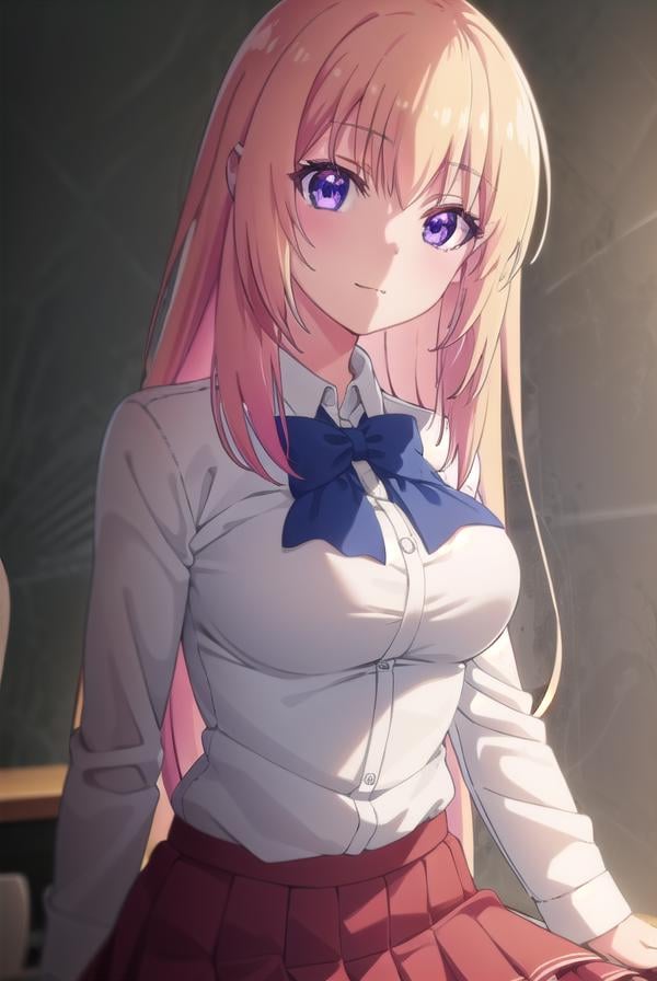 honamiichinose, <lora:honami ichinose s2-lora-nochekaiser:1>,honami ichinose, long hair, blonde hair, (purple eyes:1.1), hair between eyes, smile,BREAK skirt, bow, school uniform, pleated skirt, bowtie, blue bow, red skirt, collared shirt, white shirt, short sleeves,BREAK indoors, classroom,BREAK looking at viewer, (cowboy shot:1.5),BREAK <lyco:GoodHands-beta2:1>, (masterpiece:1.2), best quality, high resolution, unity 8k wallpaper, (illustration:0.8), (beautiful detailed eyes:1.6), extremely detailed face, perfect lighting, extremely detailed CG, (perfect hands, perfect anatomy),