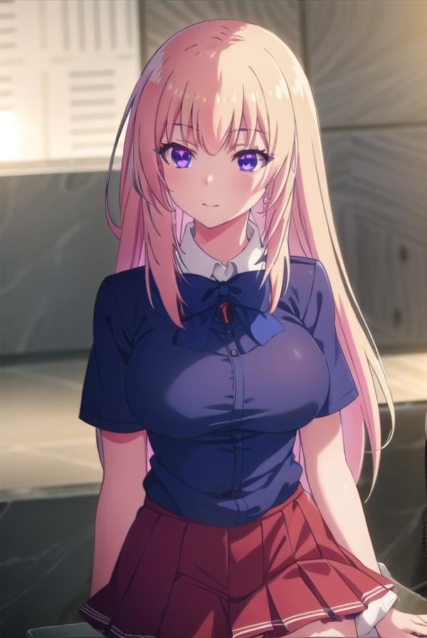 honamiichinose, <lora:honami ichinose s2-lora-nochekaiser:1>,honami ichinose, long hair, blonde hair, (purple eyes:1.1), hair between eyes, smile,BREAK skirt, bow, school uniform, pleated skirt, bowtie, blue bow, red skirt, collared shirt, white shirt, short sleeves,BREAK indoors, classroom,BREAK looking at viewer, (cowboy shot:1.5),BREAK <lyco:GoodHands-beta2:1>, (masterpiece:1.2), best quality, high resolution, unity 8k wallpaper, (illustration:0.8), (beautiful detailed eyes:1.6), extremely detailed face, perfect lighting, extremely detailed CG, (perfect hands, perfect anatomy),