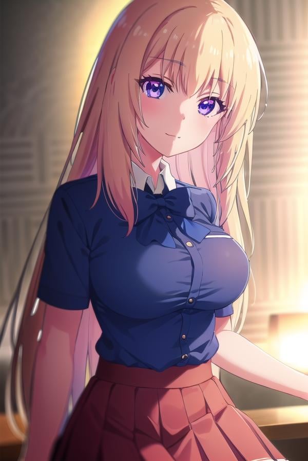 honamiichinose, <lora:honami ichinose s2-lora-nochekaiser:1>,honami ichinose, long hair, blonde hair, (purple eyes:1.1), hair between eyes, smile,BREAK skirt, bow, school uniform, pleated skirt, bowtie, blue bow, red skirt, collared shirt, white shirt, short sleeves,BREAK indoors, classroom,BREAK looking at viewer, (cowboy shot:1.5),BREAK <lyco:GoodHands-beta2:1>, (masterpiece:1.2), best quality, high resolution, unity 8k wallpaper, (illustration:0.8), (beautiful detailed eyes:1.6), extremely detailed face, perfect lighting, extremely detailed CG, (perfect hands, perfect anatomy),