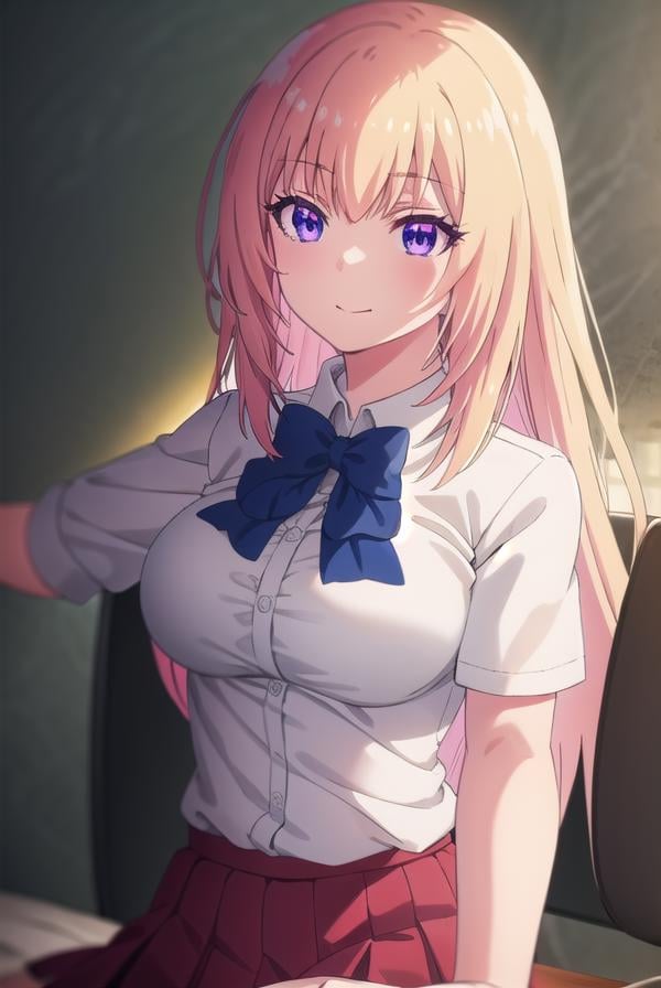 honamiichinose, <lora:honami ichinose s2-lora-nochekaiser:1>,honami ichinose, long hair, blonde hair, (purple eyes:1.1), hair between eyes, smile,BREAK skirt, bow, school uniform, pleated skirt, bowtie, blue bow, red skirt, collared shirt, white shirt, short sleeves,BREAK indoors, classroom,BREAK looking at viewer, (cowboy shot:1.5),BREAK <lyco:GoodHands-beta2:1>, (masterpiece:1.2), best quality, high resolution, unity 8k wallpaper, (illustration:0.8), (beautiful detailed eyes:1.6), extremely detailed face, perfect lighting, extremely detailed CG, (perfect hands, perfect anatomy),