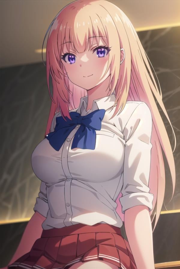 honamiichinose, <lora:honami ichinose s2-lora-nochekaiser:1>,honami ichinose, long hair, blonde hair, (purple eyes:1.1), hair between eyes, smile,BREAK skirt, bow, school uniform, pleated skirt, bowtie, blue bow, red skirt, collared shirt, white shirt, short sleeves,BREAK indoors, classroom,BREAK looking at viewer, (cowboy shot:1.5),BREAK <lyco:GoodHands-beta2:1>, (masterpiece:1.2), best quality, high resolution, unity 8k wallpaper, (illustration:0.8), (beautiful detailed eyes:1.6), extremely detailed face, perfect lighting, extremely detailed CG, (perfect hands, perfect anatomy),