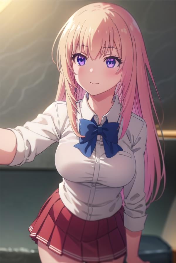 honamiichinose, <lora:honami ichinose s2-lora-nochekaiser:1>,honami ichinose, long hair, blonde hair, (purple eyes:1.1), hair between eyes, smile,BREAK skirt, bow, school uniform, pleated skirt, bowtie, blue bow, red skirt, collared shirt, white shirt, short sleeves,BREAK indoors, classroom,BREAK looking at viewer, (cowboy shot:1.5),BREAK <lyco:GoodHands-beta2:1>, (masterpiece:1.2), best quality, high resolution, unity 8k wallpaper, (illustration:0.8), (beautiful detailed eyes:1.6), extremely detailed face, perfect lighting, extremely detailed CG, (perfect hands, perfect anatomy),