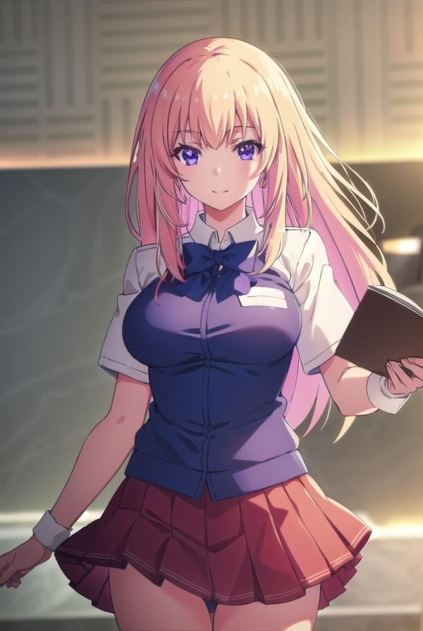 honamiichinose, <lora:honami ichinose s2-lora-nochekaiser:1>,honami ichinose, long hair, blonde hair, (purple eyes:1.1), hair between eyes, smile,BREAK skirt, bow, school uniform, pleated skirt, bowtie, blue bow, red skirt, collared shirt, white shirt, short sleeves,BREAK indoors, classroom,BREAK looking at viewer, (cowboy shot:1.5),BREAK <lyco:GoodHands-beta2:1>, (masterpiece:1.2), best quality, high resolution, unity 8k wallpaper, (illustration:0.8), (beautiful detailed eyes:1.6), extremely detailed face, perfect lighting, extremely detailed CG, (perfect hands, perfect anatomy),