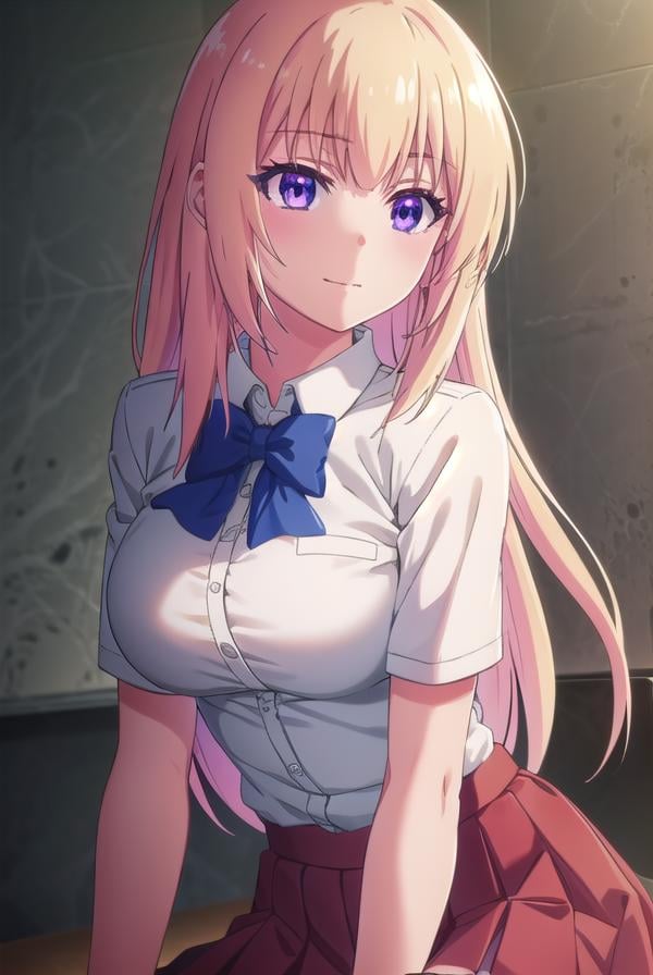 honamiichinose, <lora:honami ichinose s2-lora-nochekaiser:1>,honami ichinose, long hair, blonde hair, (purple eyes:1.1), hair between eyes, smile,BREAK skirt, bow, school uniform, pleated skirt, bowtie, blue bow, red skirt, collared shirt, white shirt, short sleeves,BREAK indoors, classroom,BREAK looking at viewer, (cowboy shot:1.5),BREAK <lyco:GoodHands-beta2:1>, (masterpiece:1.2), best quality, high resolution, unity 8k wallpaper, (illustration:0.8), (beautiful detailed eyes:1.6), extremely detailed face, perfect lighting, extremely detailed CG, (perfect hands, perfect anatomy),