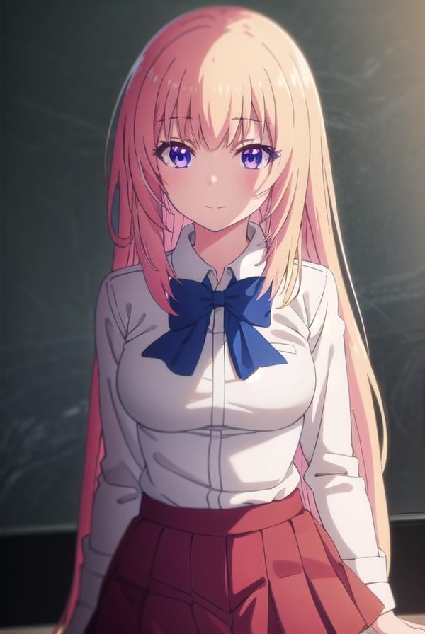 honamiichinose, <lora:honami ichinose s2-lora-nochekaiser:1>,honami ichinose, long hair, blonde hair, (purple eyes:1.1), hair between eyes, smile,BREAK skirt, bow, school uniform, pleated skirt, bowtie, blue bow, red skirt, collared shirt, white shirt, short sleeves,BREAK indoors, classroom,BREAK looking at viewer, (cowboy shot:1.5),BREAK <lyco:GoodHands-beta2:1>, (masterpiece:1.2), best quality, high resolution, unity 8k wallpaper, (illustration:0.8), (beautiful detailed eyes:1.6), extremely detailed face, perfect lighting, extremely detailed CG, (perfect hands, perfect anatomy),