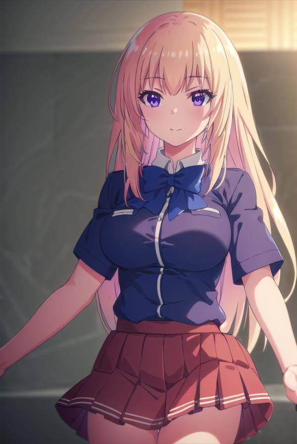 honamiichinose, <lora:honami ichinose s2-lora-nochekaiser:1>,honami ichinose, long hair, blonde hair, (purple eyes:1.1), hair between eyes, smile,BREAK skirt, bow, school uniform, pleated skirt, bowtie, blue bow, red skirt, collared shirt, white shirt, short sleeves,BREAK indoors, classroom,BREAK looking at viewer, (cowboy shot:1.5),BREAK <lyco:GoodHands-beta2:1>, (masterpiece:1.2), best quality, high resolution, unity 8k wallpaper, (illustration:0.8), (beautiful detailed eyes:1.6), extremely detailed face, perfect lighting, extremely detailed CG, (perfect hands, perfect anatomy),