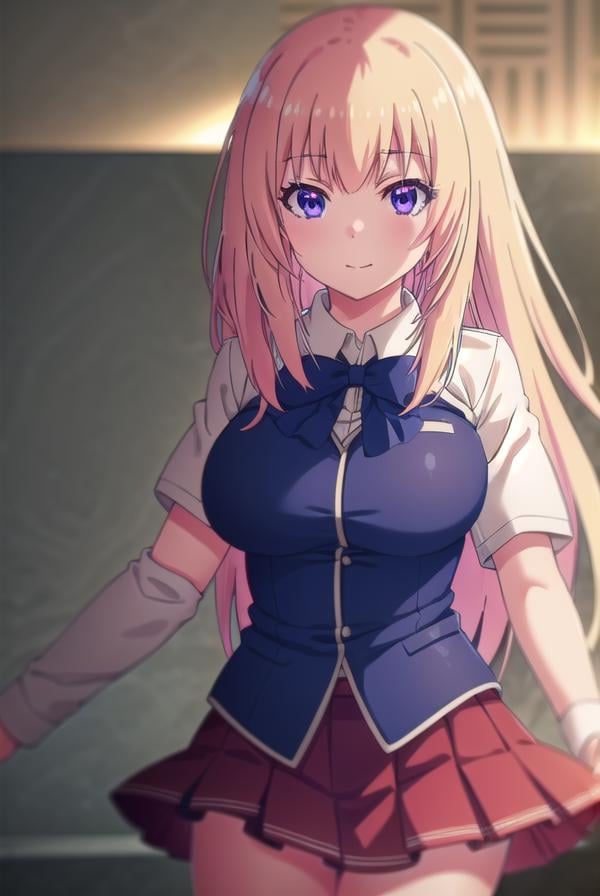 honamiichinose, <lora:honami ichinose s2-lora-nochekaiser:1>,honami ichinose, long hair, blonde hair, (purple eyes:1.1), hair between eyes, smile,BREAK skirt, bow, school uniform, pleated skirt, bowtie, blue bow, red skirt, collared shirt, white shirt, short sleeves,BREAK indoors, classroom,BREAK looking at viewer, (cowboy shot:1.5),BREAK <lyco:GoodHands-beta2:1>, (masterpiece:1.2), best quality, high resolution, unity 8k wallpaper, (illustration:0.8), (beautiful detailed eyes:1.6), extremely detailed face, perfect lighting, extremely detailed CG, (perfect hands, perfect anatomy),