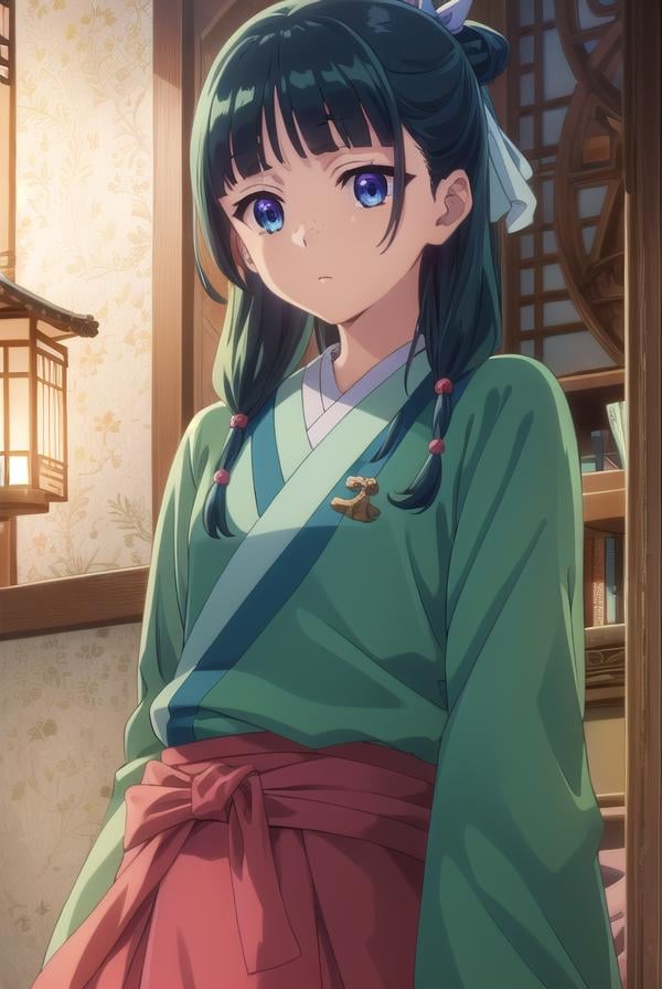 kusuriyamaomao, <lora:kusuriya maomao s1-lora-nochekaiser:1>,maomao, long hair, bangs, blue eyes, hair ornament, green hair, blunt bangs, freckles, hair bun, single hair bun,BREAK japanese clothes, robe, green robe, long sleeves, wide sleeves, skirt, red skirt,BREAK indoors,BREAK looking at viewer, (cowboy shot:1.5),BREAK <lyco:GoodHands-beta2:1>, (masterpiece:1.2), best quality, high resolution, unity 8k wallpaper, (illustration:0.8), (beautiful detailed eyes:1.6), extremely detailed face, perfect lighting, extremely detailed CG, (perfect hands, perfect anatomy),