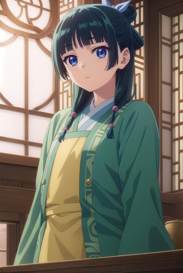 kusuriyamaomao, <lora:kusuriya maomao s1-lora-nochekaiser:1>,maomao, long hair, bangs, blue eyes, hair ornament, green hair, blunt bangs, freckles, hair bun, single hair bun,BREAK japanese clothes, robe, green robe, long sleeves, wide sleeves, skirt, red skirt,BREAK indoors,BREAK looking at viewer, (cowboy shot:1.5),BREAK <lyco:GoodHands-beta2:1>, (masterpiece:1.2), best quality, high resolution, unity 8k wallpaper, (illustration:0.8), (beautiful detailed eyes:1.6), extremely detailed face, perfect lighting, extremely detailed CG, (perfect hands, perfect anatomy),