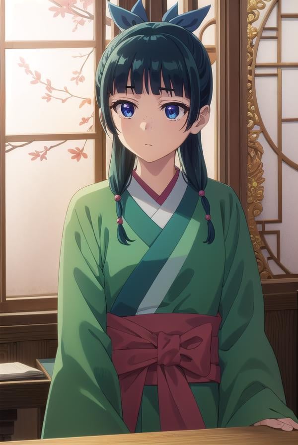 kusuriyamaomao, <lora:kusuriya maomao s1-lora-nochekaiser:1>,maomao, long hair, bangs, blue eyes, hair ornament, green hair, blunt bangs, freckles, hair bun, single hair bun,BREAK japanese clothes, robe, green robe, long sleeves, wide sleeves, hakama, red hakama,BREAK indoors,BREAK looking at viewer, (cowboy shot:1.5),BREAK <lyco:GoodHands-beta2:1>, (masterpiece:1.2), best quality, high resolution, unity 8k wallpaper, (illustration:0.8), (beautiful detailed eyes:1.6), extremely detailed face, perfect lighting, extremely detailed CG, (perfect hands, perfect anatomy),