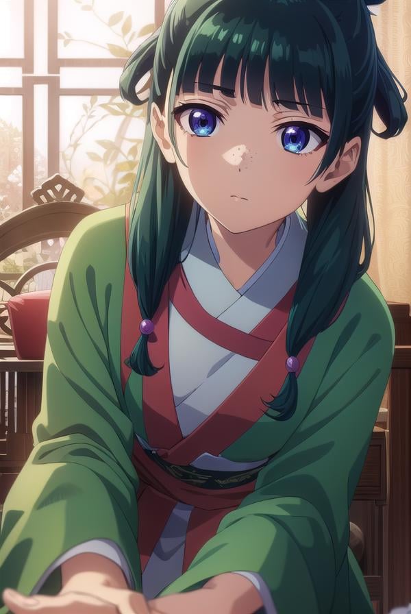 kusuriyamaomao, <lora:kusuriya maomao s1-lora-nochekaiser:1>,maomao, long hair, bangs, blue eyes, hair ornament, green hair, blunt bangs, freckles, hair bun, single hair bun,BREAK japanese clothes, robe, green robe, long sleeves, wide sleeves, skirt, red skirt,BREAK indoors,BREAK looking at viewer, (cowboy shot:1.5),BREAK <lyco:GoodHands-beta2:1>, (masterpiece:1.2), best quality, high resolution, unity 8k wallpaper, (illustration:0.8), (beautiful detailed eyes:1.6), extremely detailed face, perfect lighting, extremely detailed CG, (perfect hands, perfect anatomy),