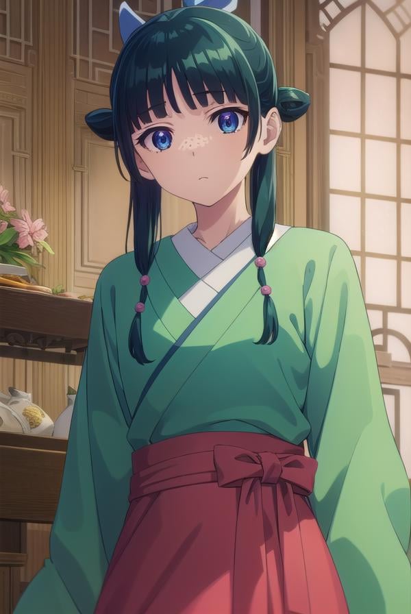 kusuriyamaomao, <lora:kusuriya maomao s1-lora-nochekaiser:1>,maomao, long hair, bangs, blue eyes, hair ornament, green hair, blunt bangs, freckles, hair bun, single hair bun,BREAK japanese clothes, robe, green robe, long sleeves, wide sleeves, skirt, red skirt,BREAK indoors,BREAK looking at viewer, (cowboy shot:1.5),BREAK <lyco:GoodHands-beta2:1>, (masterpiece:1.2), best quality, high resolution, unity 8k wallpaper, (illustration:0.8), (beautiful detailed eyes:1.6), extremely detailed face, perfect lighting, extremely detailed CG, (perfect hands, perfect anatomy),