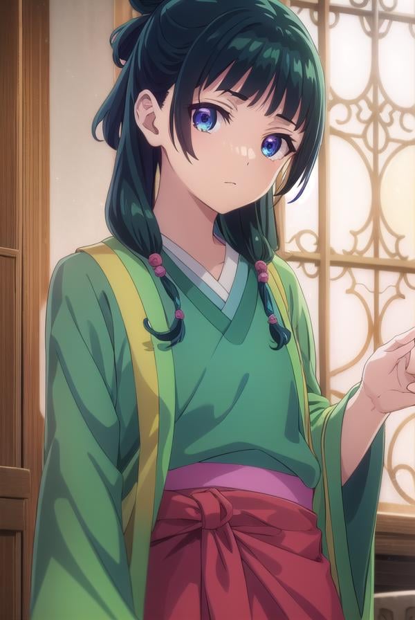 kusuriyamaomao, <lora:kusuriya maomao s1-lora-nochekaiser:1>,maomao, long hair, bangs, blue eyes, hair ornament, green hair, blunt bangs, freckles, hair bun, single hair bun,BREAK japanese clothes, robe, green robe, long sleeves, wide sleeves, skirt, red skirt,BREAK indoors,BREAK looking at viewer, (cowboy shot:1.5),BREAK <lyco:GoodHands-beta2:1>, (masterpiece:1.2), best quality, high resolution, unity 8k wallpaper, (illustration:0.8), (beautiful detailed eyes:1.6), extremely detailed face, perfect lighting, extremely detailed CG, (perfect hands, perfect anatomy),