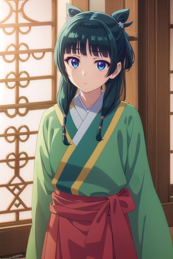 kusuriyamaomao, <lora:kusuriya maomao s1-lora-nochekaiser:1>,maomao, long hair, bangs, blue eyes, hair ornament, green hair, blunt bangs, freckles, hair bun, single hair bun,BREAK japanese clothes, robe, green robe, long sleeves, wide sleeves, skirt, red skirt,BREAK indoors,BREAK looking at viewer, (cowboy shot:1.5),BREAK <lyco:GoodHands-beta2:1>, (masterpiece:1.2), best quality, high resolution, unity 8k wallpaper, (illustration:0.8), (beautiful detailed eyes:1.6), extremely detailed face, perfect lighting, extremely detailed CG, (perfect hands, perfect anatomy),