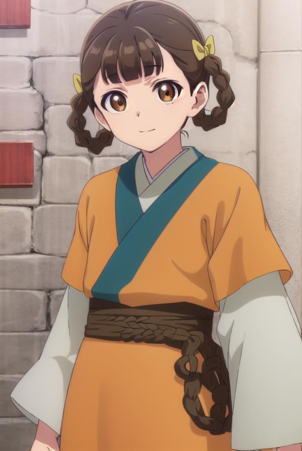 kusuriyaxiaolan, <lora:kusuriya xiaolan s1-lora-nochekaiser:1>,xiaolan, bangs, brown hair, hair ornament, (brown eyes:1.3), braid, hair rings, smile,BREAK japanese clothes, robe, orange robe, long sleeves, skirt, white skirt,BREAK outdoors,BREAK looking at viewer, (cowboy shot:1.5),BREAK <lyco:GoodHands-beta2:1>, (masterpiece:1.2), best quality, high resolution, unity 8k wallpaper, (illustration:0.8), (beautiful detailed eyes:1.6), extremely detailed face, perfect lighting, extremely detailed CG, (perfect hands, perfect anatomy),