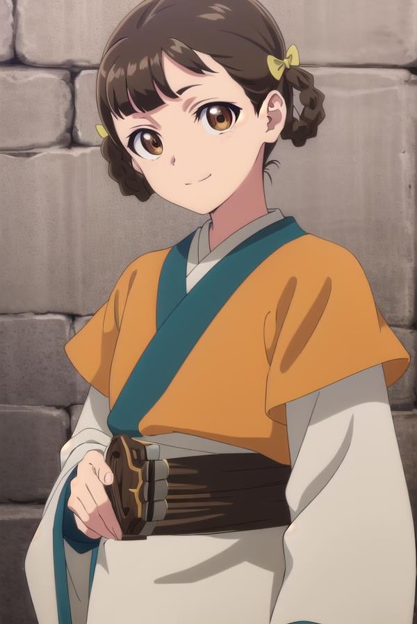 kusuriyaxiaolan, <lora:kusuriya xiaolan s1-lora-nochekaiser:1>,xiaolan, bangs, brown hair, hair ornament, (brown eyes:1.3), braid, hair rings, smile,BREAK japanese clothes, robe, orange robe, long sleeves, skirt, white skirt,BREAK outdoors,BREAK looking at viewer, (cowboy shot:1.5),BREAK <lyco:GoodHands-beta2:1>, (masterpiece:1.2), best quality, high resolution, unity 8k wallpaper, (illustration:0.8), (beautiful detailed eyes:1.6), extremely detailed face, perfect lighting, extremely detailed CG, (perfect hands, perfect anatomy),