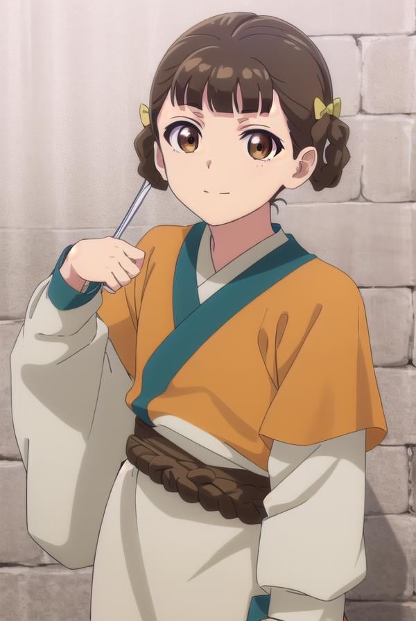 kusuriyaxiaolan, <lora:kusuriya xiaolan s1-lora-nochekaiser:1>,xiaolan, bangs, brown hair, hair ornament, (brown eyes:1.3), braid, hair rings, smile,BREAK japanese clothes, robe, orange robe, long sleeves, skirt, white skirt,BREAK outdoors,BREAK looking at viewer, (cowboy shot:1.5),BREAK <lyco:GoodHands-beta2:1>, (masterpiece:1.2), best quality, high resolution, unity 8k wallpaper, (illustration:0.8), (beautiful detailed eyes:1.6), extremely detailed face, perfect lighting, extremely detailed CG, (perfect hands, perfect anatomy),