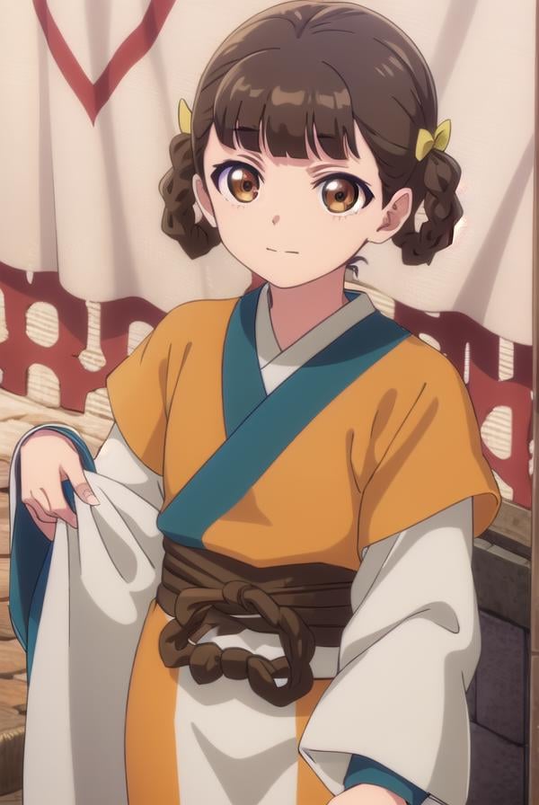 kusuriyaxiaolan, <lora:kusuriya xiaolan s1-lora-nochekaiser:1>,xiaolan, bangs, brown hair, hair ornament, (brown eyes:1.3), braid, hair rings, smile,BREAK japanese clothes, robe, orange robe, long sleeves, skirt, white skirt,BREAK outdoors,BREAK looking at viewer, (cowboy shot:1.5),BREAK <lyco:GoodHands-beta2:1>, (masterpiece:1.2), best quality, high resolution, unity 8k wallpaper, (illustration:0.8), (beautiful detailed eyes:1.6), extremely detailed face, perfect lighting, extremely detailed CG, (perfect hands, perfect anatomy),