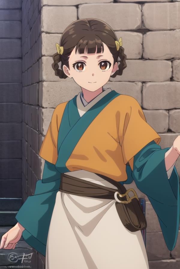 kusuriyaxiaolan, <lora:kusuriya xiaolan s1-lora-nochekaiser:1>,xiaolan, bangs, brown hair, hair ornament, (brown eyes:1.3), braid, hair rings, smile,BREAK japanese clothes, robe, orange robe, long sleeves, skirt, white skirt,BREAK outdoors,BREAK looking at viewer, (cowboy shot:1.5),BREAK <lyco:GoodHands-beta2:1>, (masterpiece:1.2), best quality, high resolution, unity 8k wallpaper, (illustration:0.8), (beautiful detailed eyes:1.6), extremely detailed face, perfect lighting, extremely detailed CG, (perfect hands, perfect anatomy),