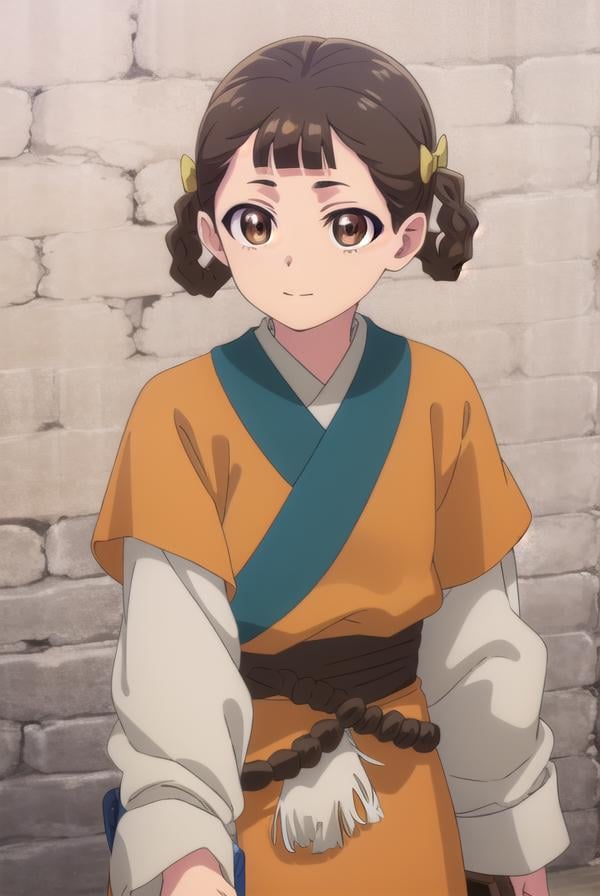 kusuriyaxiaolan, <lora:kusuriya xiaolan s1-lora-nochekaiser:1>,xiaolan, bangs, brown hair, hair ornament, (brown eyes:1.3), braid, hair rings, smile,BREAK japanese clothes, robe, orange robe, long sleeves, skirt, white skirt,BREAK outdoors,BREAK looking at viewer, (cowboy shot:1.5),BREAK <lyco:GoodHands-beta2:1>, (masterpiece:1.2), best quality, high resolution, unity 8k wallpaper, (illustration:0.8), (beautiful detailed eyes:1.6), extremely detailed face, perfect lighting, extremely detailed CG, (perfect hands, perfect anatomy),